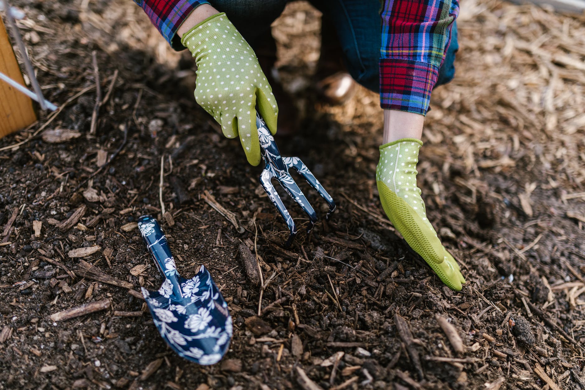 person wearing green gloves holding garden tools
